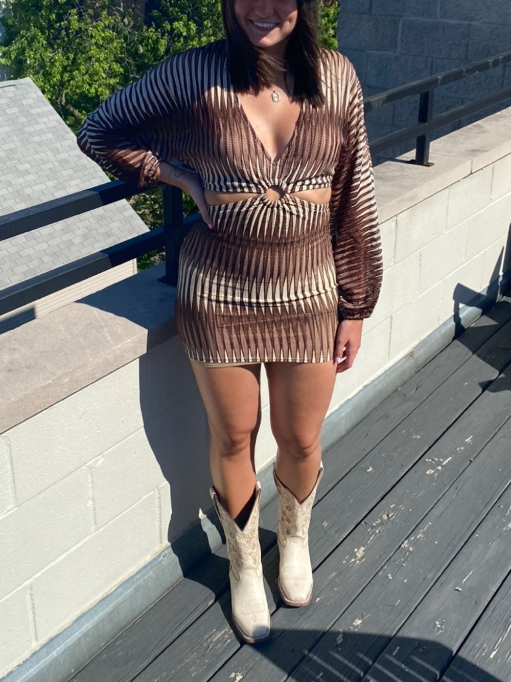 12th Tribe Brown Striped Cutout Mini Dress